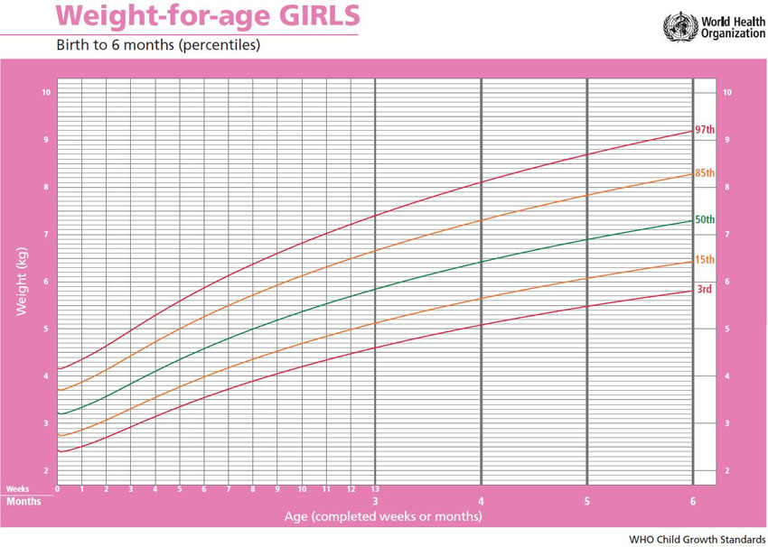 График нормы набора веса для девочек (по рекомендациям ВОЗ)