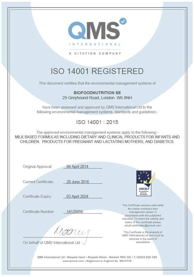 Biofoodnutrition ISO 14001 Sertificate