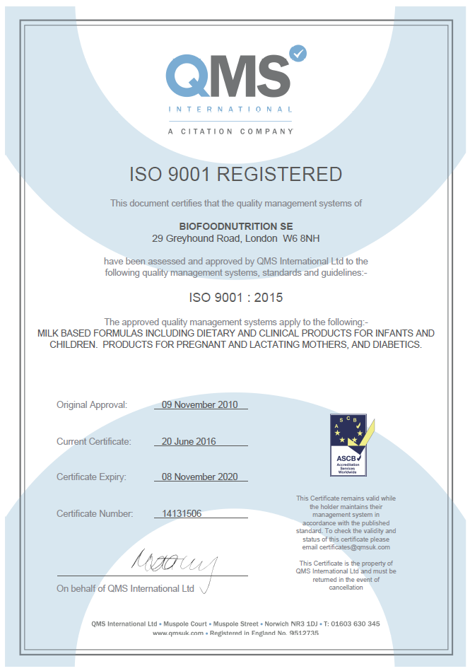 Biofoodnutrition ISO 9001 Sertificate