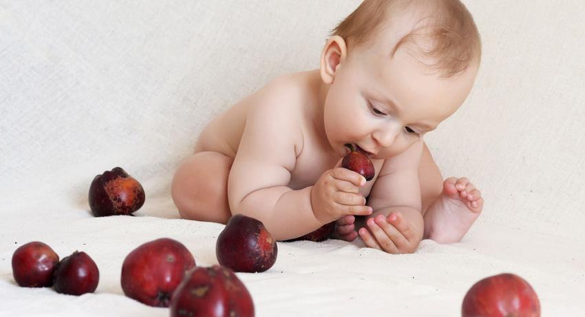 ребёнок в возрасте 9 месяцев держит яблоко