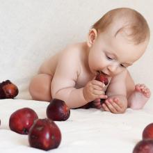 ребёнок в возрасте 9 месяцев держит яблоко